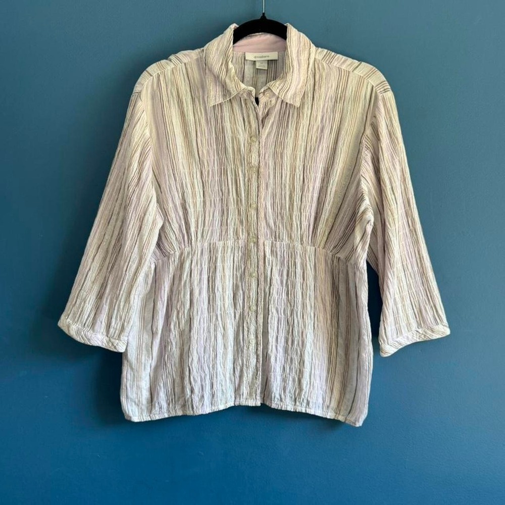 Y2K Stripe Metallic Blouse Women's Size Medium Dressbarn Purple Brown Smocked